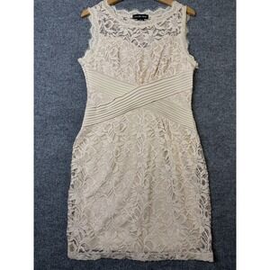 Candela Petite Lace Dress PL Beige Sheath Sleeveless Illusion Neck Stretch